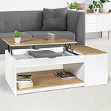 VICCO Table Basse Plateau relevable ELEA avec Coffre Bois Blanc et façon hêtre